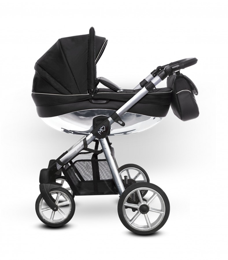 Babyactive Mommy Glossy Kombi-Kinderwagen | 2 in 1 (Babywanne + Buggy) | 3 in 1 mit Babyschale (Autositz) | 4 in 1 mit Babyschale und Isofix Station | Schwarz | Rahmenfarbe: Silber