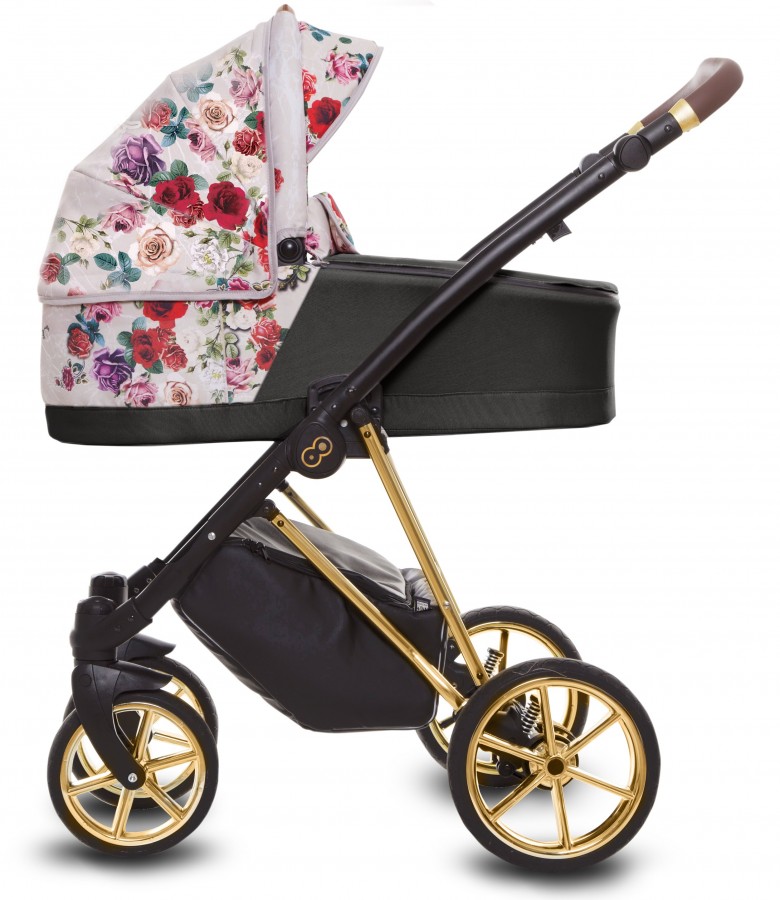 Babyactive Musse Rose Kombi-Kinderwagen | 2 in 1 (Babywanne + Buggy) | 3 in 1 mit Babyschale (Autositz) | 4 in 1 mit Babyschale und Isofix Station | Helle Dunkle Rose | Rahmenfarbe: Gold