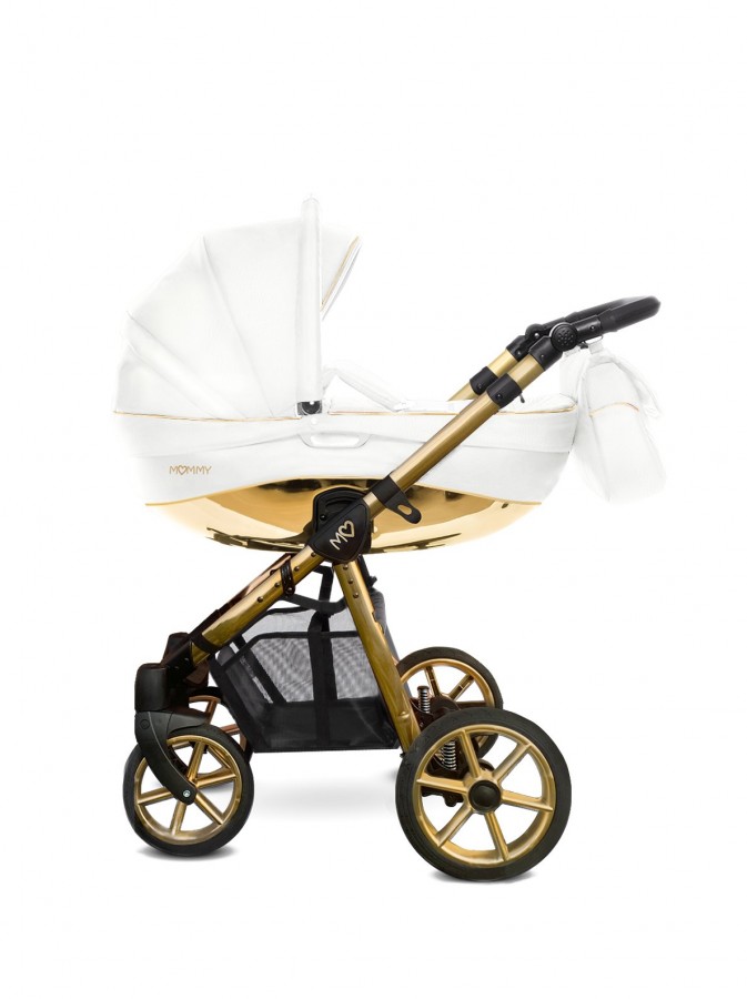 Babyactive Mommy Glossy Kombi-Kinderwagen | 2 in 1 (Babywanne + Buggy) | 3 in 1 mit Babyschale (Autositz) | 4 in 1 mit Babyschale und Isofix Station | Weiß Kunstleder | Rahmenfarbe: Gold