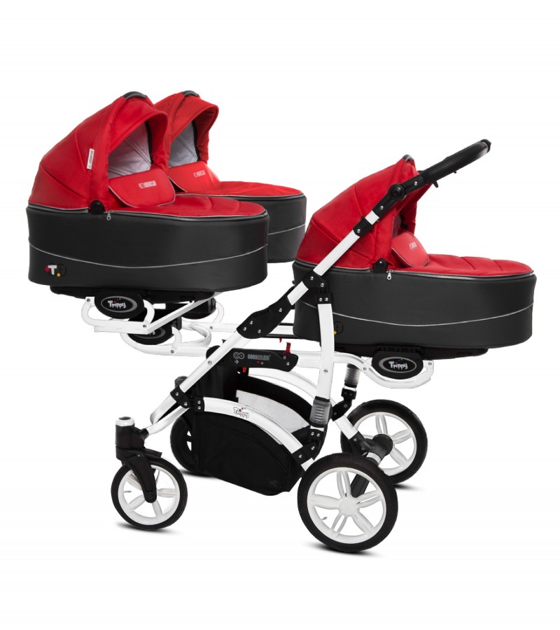 Babyactive Trippy Drillingskinderwagen / Geschwisterwagen | 2 in 1 (3x Babywanne, Sportsitz) | 3 in 1 (3x Babywanne, Sportsitz, Autositz) | 4 in 1 (3x Babywanne, Sportsitz, Autositz, Isofix) | Rot | Rahmenfarbe: Weiß