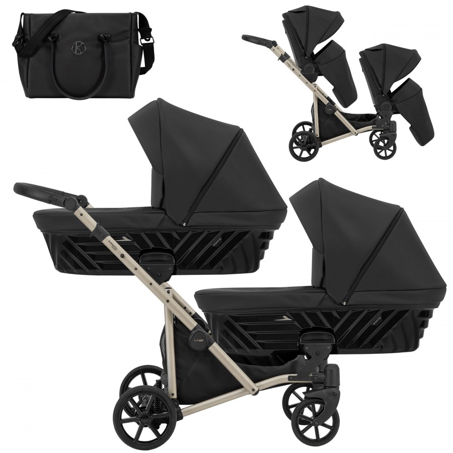 Zwillingskinderwagen Kunert Ivento Duo Champagner | Schwarz Perle Kunstleder | 2in1 (2x Babywanne, Sportsitz)