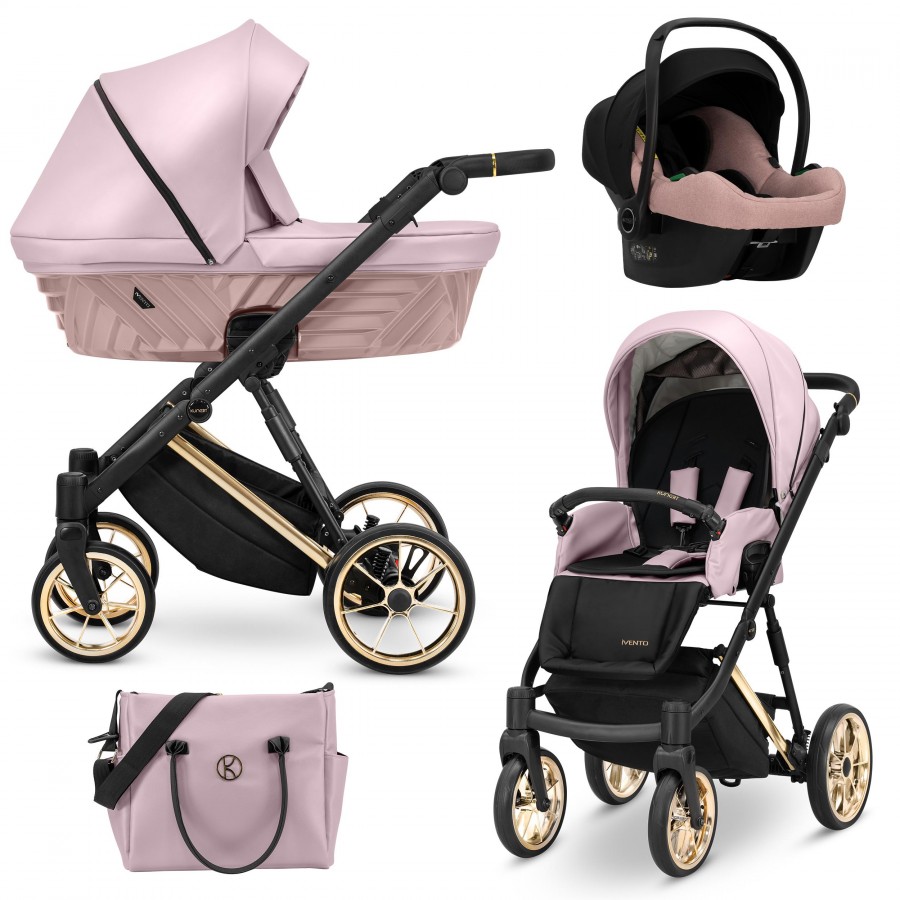 Kinderwagen Ivento Premium Rosa Metallic Lederimitat | 3 in 1 mit Babyschale (Autositz)