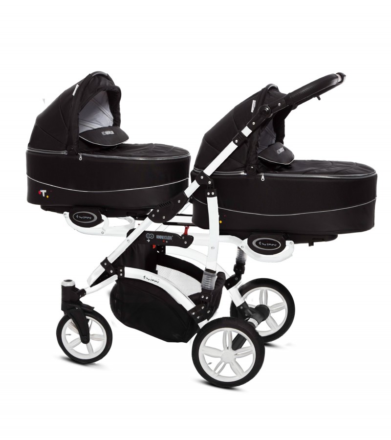 Babyactive Twinni Zwillingskinderwagen / Geschwisterwagen | 2 in 1 (2x Babywanne, Sportsitz) | 3 in 1 (2x Babywanne, Sportsitz, Autositz) | 4 in 1 (2x Babywanne, Sportsitz, Autositz, Isofix) | Schwarz | Rahmenfarbe: Weiß