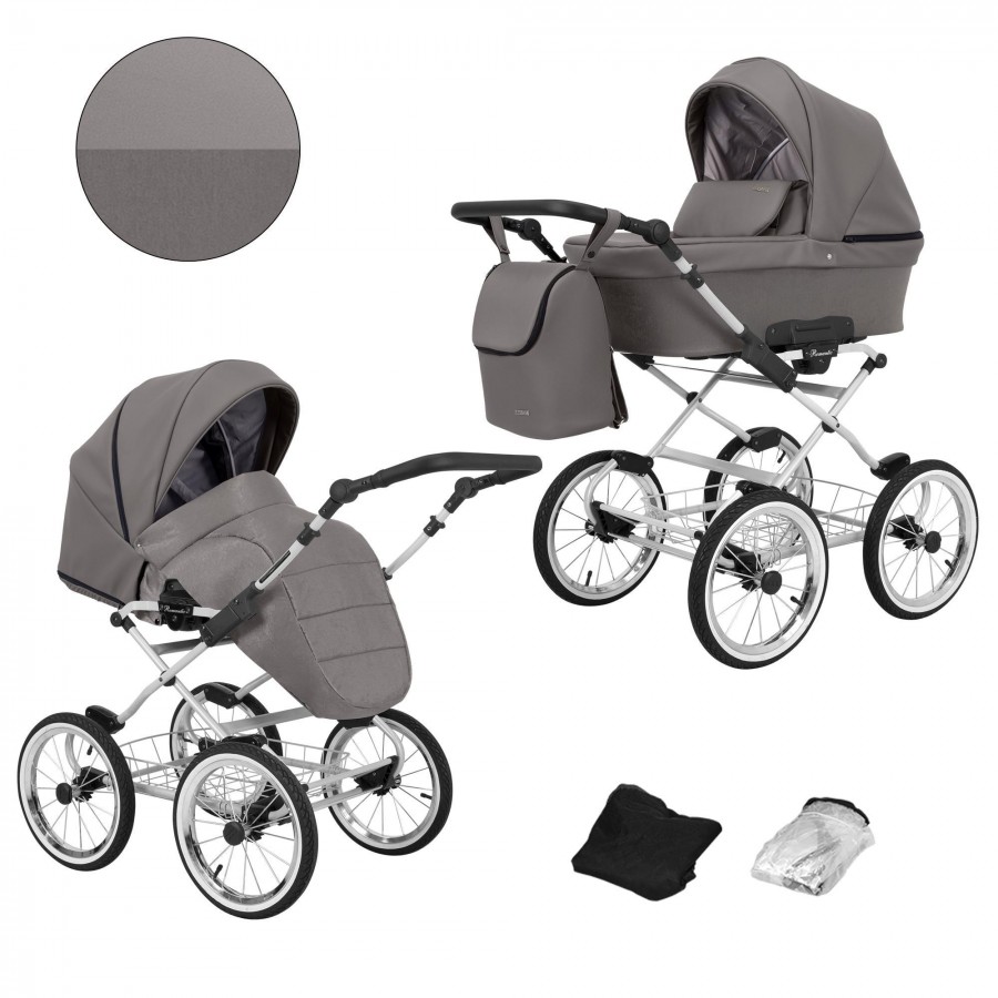 Kinderwagen Kunert Romantic Silber | Graphit Lederimitat | 2 in 1 (Babywanne + Buggy)