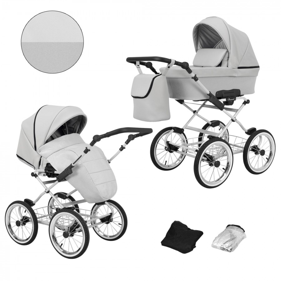 Kinderwagen Kunert Romantic Silber | Aschgrau Lederimitat | 2 in 1 (Babywanne + Buggy)