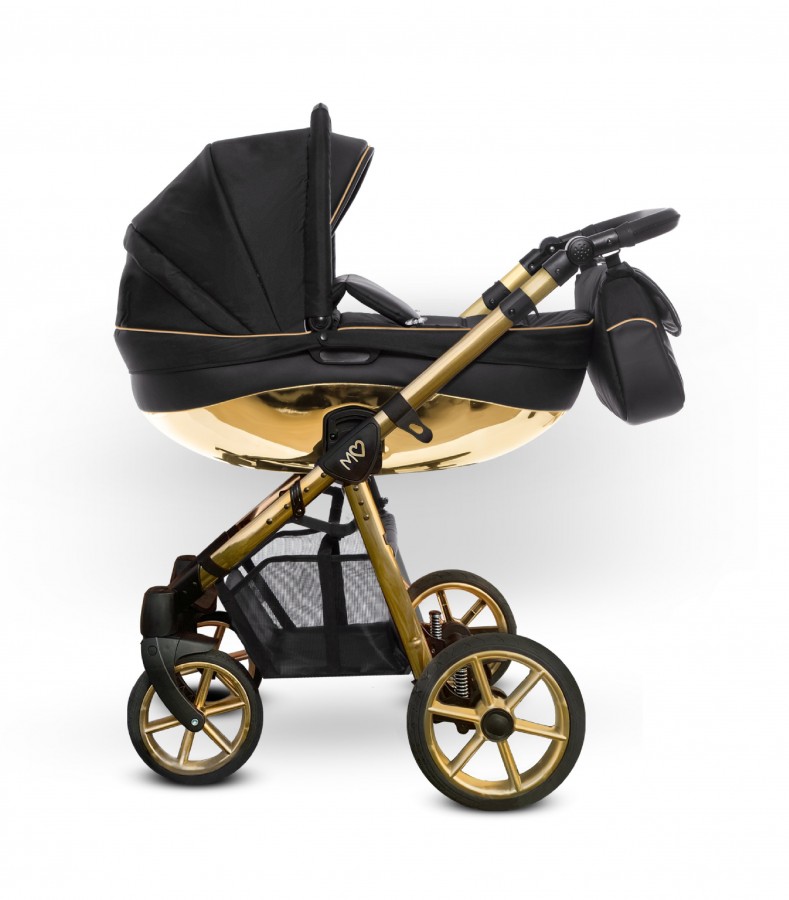 Babyactive Mommy Glossy Kombi-Kinderwagen | 2 in 1 (Babywanne + Buggy) | 3 in 1 mit Babyschale (Autositz) | 4 in 1 mit Babyschale und Isofix Station | Schwarz | Rahmenfarbe: Gold