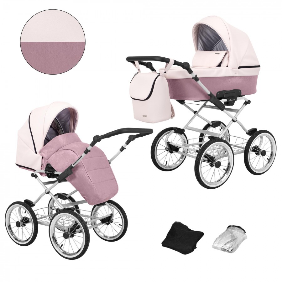 Kinderwagen Kunert Romantic Silber | Pink Lederimitat | 2 in 1 (Babywanne + Buggy)