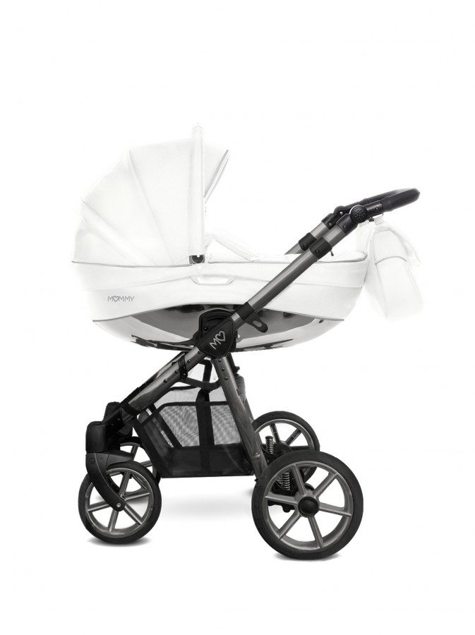 Babyactive Mommy Glossy Kombi-Kinderwagen | 2 in 1 (Babywanne + Buggy) | 3 in 1 mit Babyschale (Autositz) | 4 in 1 mit Babyschale und Isofix Station | Weiß Kunstleder | Rahmenfarbe: Spacegrau