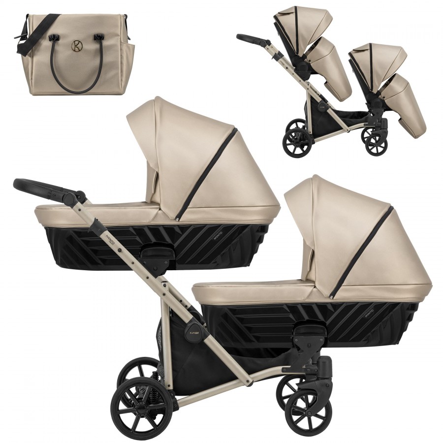 Zwillingskinderwagen Kunert Ivento Duo Champagner | Cappuccino Metallic Kunstleder | 2in1 (2x Babywanne, Sportsitz)