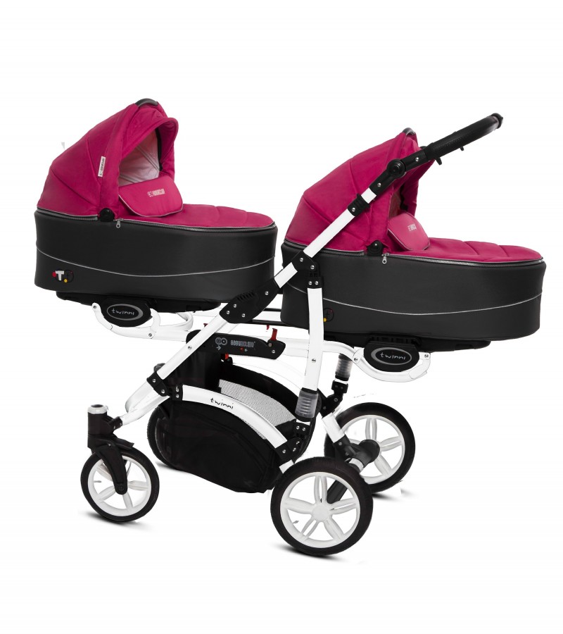 Babyactive Twinni Zwillingskinderwagen / Geschwisterwagen | 2 in 1 (2x Babywanne, Sportsitz) | 3 in 1 (2x Babywanne, Sportsitz, Autositz) | 4 in 1 (2x Babywanne, Sportsitz, Autositz, Isofix) | Amaranth | Rahmenfarbe: Weiß