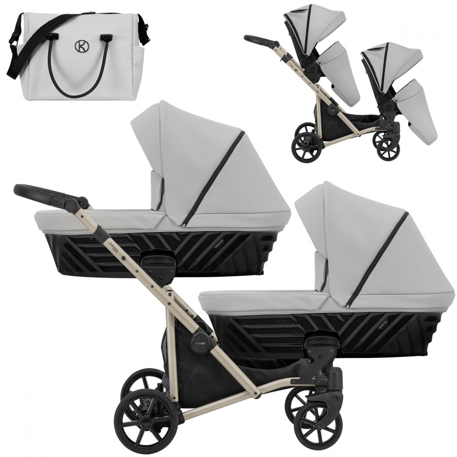 Zwillingskinderwagen Kunert Ivento Duo Champagner | Taubengrau Lederimitat | 2in1 (2x Babywanne, Sportsitz)