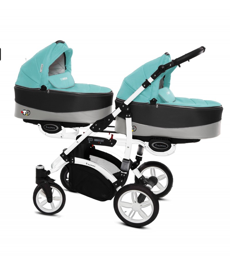 Babyactive Twinni Zwillingskinderwagen / Geschwisterwagen | 2 in 1 (2x Babywanne, Sportsitz) | 3 in 1 (2x Babywanne, Sportsitz, Autositz) | 4 in 1 (2x Babywanne, Sportsitz, Autositz, Isofix) | Tropisches Grün | Rahmenfarbe: Weiß