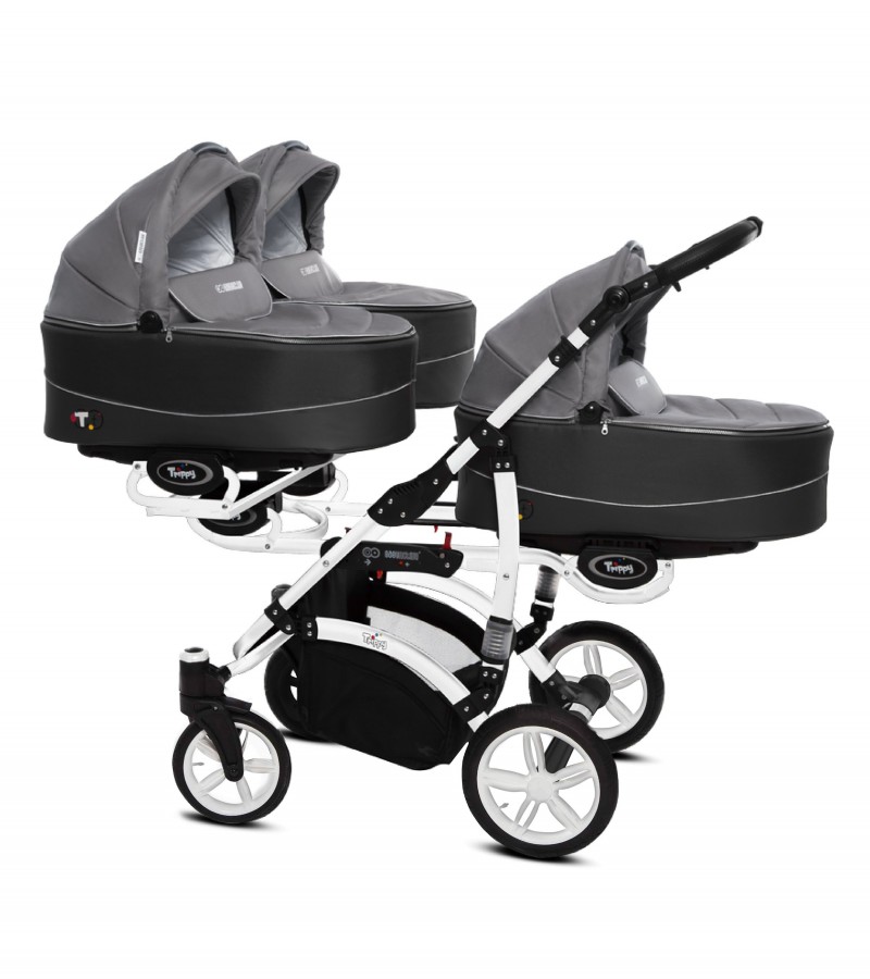Babyactive Trippy Drillingskinderwagen / Geschwisterwagen | 2 in 1 (3x Babywanne, Sportsitz) | 3 in 1 (3x Babywanne, Sportsitz, Autositz) | 4 in 1 (3x Babywanne, Sportsitz, Autositz, Isofix) | Silber | Rahmenfarbe: Weiß
