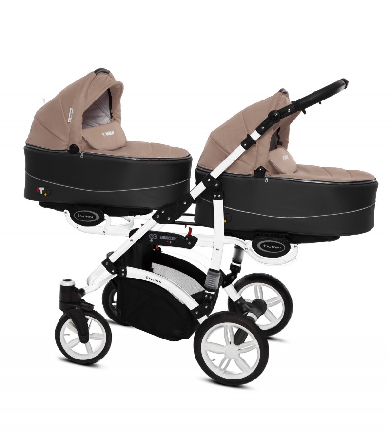 Babyactive Twinni Zwillingskinderwagen / Geschwisterwagen | 2 in 1 (2x Babywanne, Sportsitz) | 3 in 1 (2x Babywanne, Sportsitz, Autositz) | 4 in 1 (2x Babywanne, Sportsitz, Autositz, Isofix) | Beige | Rahmenfarbe: Weiß