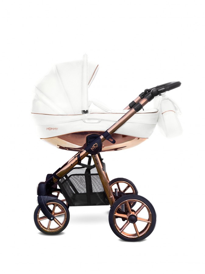 Babyactive Mommy Glossy Kombi-Kinderwagen | 2 in 1 (Babywanne + Buggy) | 3 in 1 mit Babyschale (Autositz) | 4 in 1 mit Babyschale und Isofix Station | Weiß Kunstleder | Rahmenfarbe: Roségold