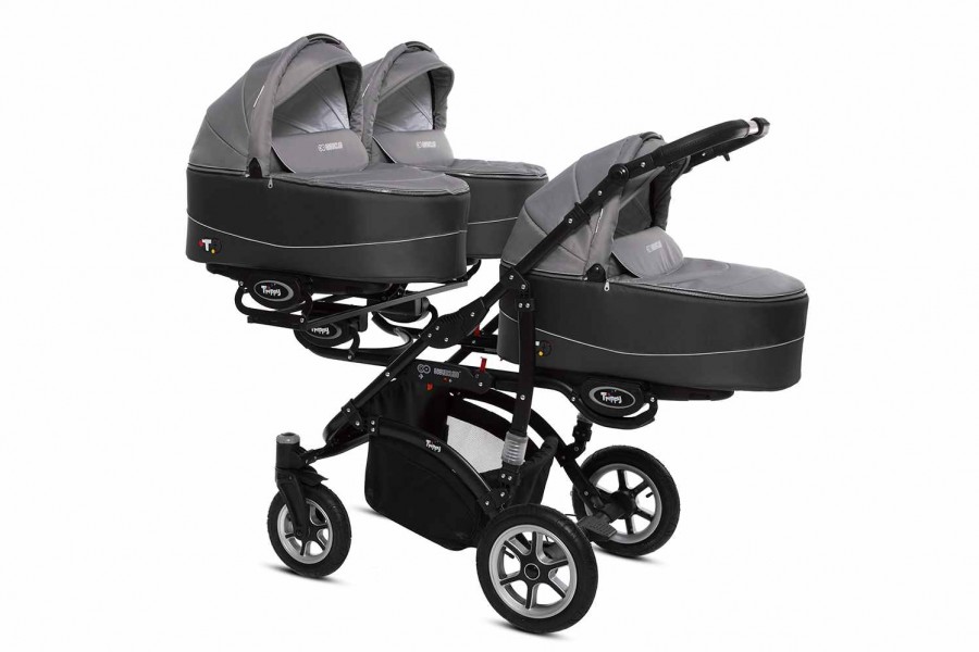 Babyactive Trippy Drillingskinderwagen / Geschwisterwagen | 2 in 1 (3x Babywanne, Sportsitz) | 3 in 1 (3x Babywanne, Sportsitz, Autositz) | 4 in 1 (3x Babywanne, Sportsitz, Autositz, Isofix) | Silber | Rahmenfarbe: Schwarz