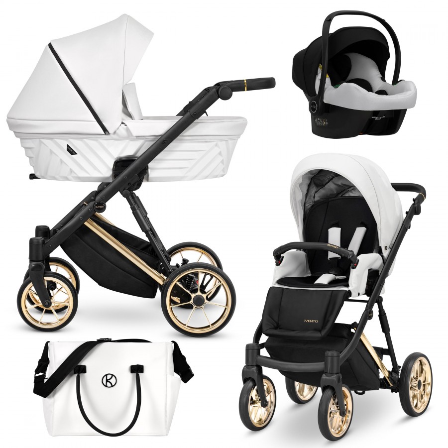 Kinderwagen Ivento Premium Weiße Perle Lederimitat | 3 in 1 mit Babyschale (Autositz)