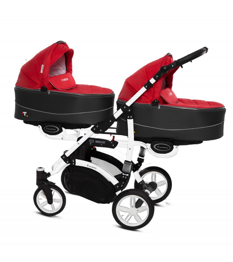 Babyactive Twinni Zwillingskinderwagen / Geschwisterwagen | 2 in 1 (2x Babywanne, Sportsitz) | 3 in 1 (2x Babywanne, Sportsitz, Autositz) | 4 in 1 (2x Babywanne, Sportsitz, Autositz, Isofix) | Rot | Rahmenfarbe: Weiß