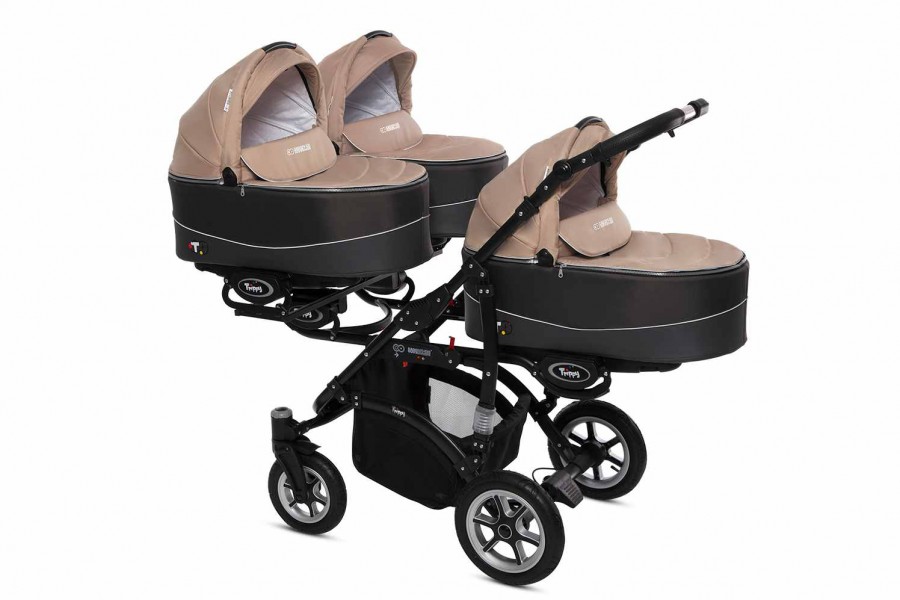Babyactive Trippy Drillingskinderwagen / Geschwisterwagen | 2 in 1 (3x Babywanne, Sportsitz) | 3 in 1 (3x Babywanne, Sportsitz, Autositz) | 4 in 1 (3x Babywanne, Sportsitz, Autositz, Isofix) | Beige | Rahmenfarbe: Schwarz