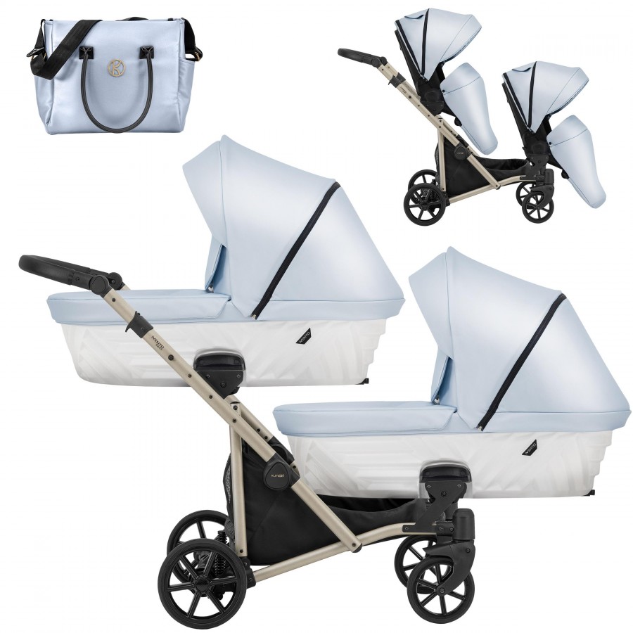 Zwillingskinderwagen Kunert Ivento Duo Champagner | Babyblau Metallic Kunstleder | 2in1 (2x Babywanne, Sportsitz)