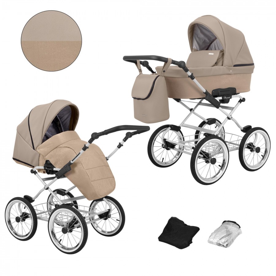 Kinderwagen Kunert Romantic Silber | Cappuccino Lederimitat | 2 in 1 (Babywanne + Buggy)