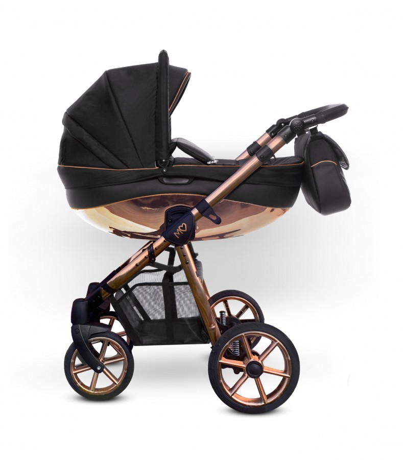 Babyactive Mommy Glossy Kombi-Kinderwagen | 2 in 1 (Babywanne + Buggy) | 3 in 1 mit Babyschale (Autositz) | 4 in 1 mit Babyschale und Isofix Station | Schwarz | Rahmenfarbe: Roségold