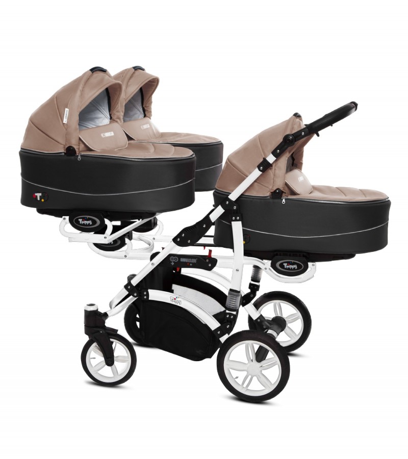 Babyactive Trippy Drillingskinderwagen / Geschwisterwagen | 2 in 1 (3x Babywanne, Sportsitz) | 3 in 1 (3x Babywanne, Sportsitz, Autositz) | 4 in 1 (3x Babywanne, Sportsitz, Autositz, Isofix) | Beige | Rahmenfarbe: Weiß