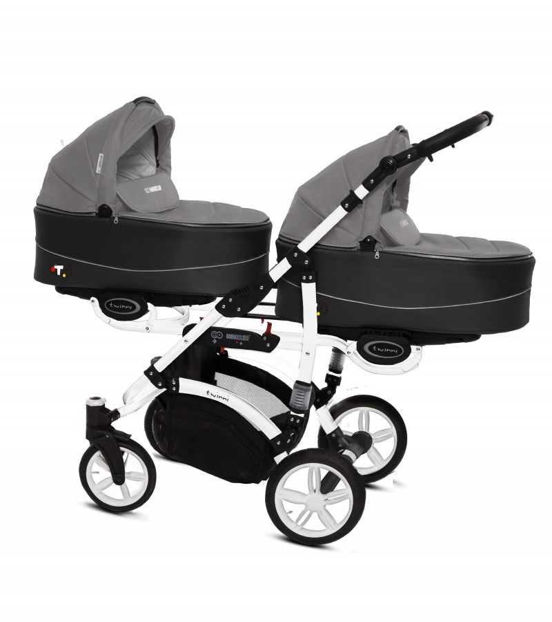 Babyactive Twinni Zwillingskinderwagen / Geschwisterwagen | 2 in 1 (2x Babywanne, Sportsitz) | 3 in 1 (2x Babywanne, Sportsitz, Autositz) | 4 in 1 (2x Babywanne, Sportsitz, Autositz, Isofix) | Silber | Rahmenfarbe: Weiß