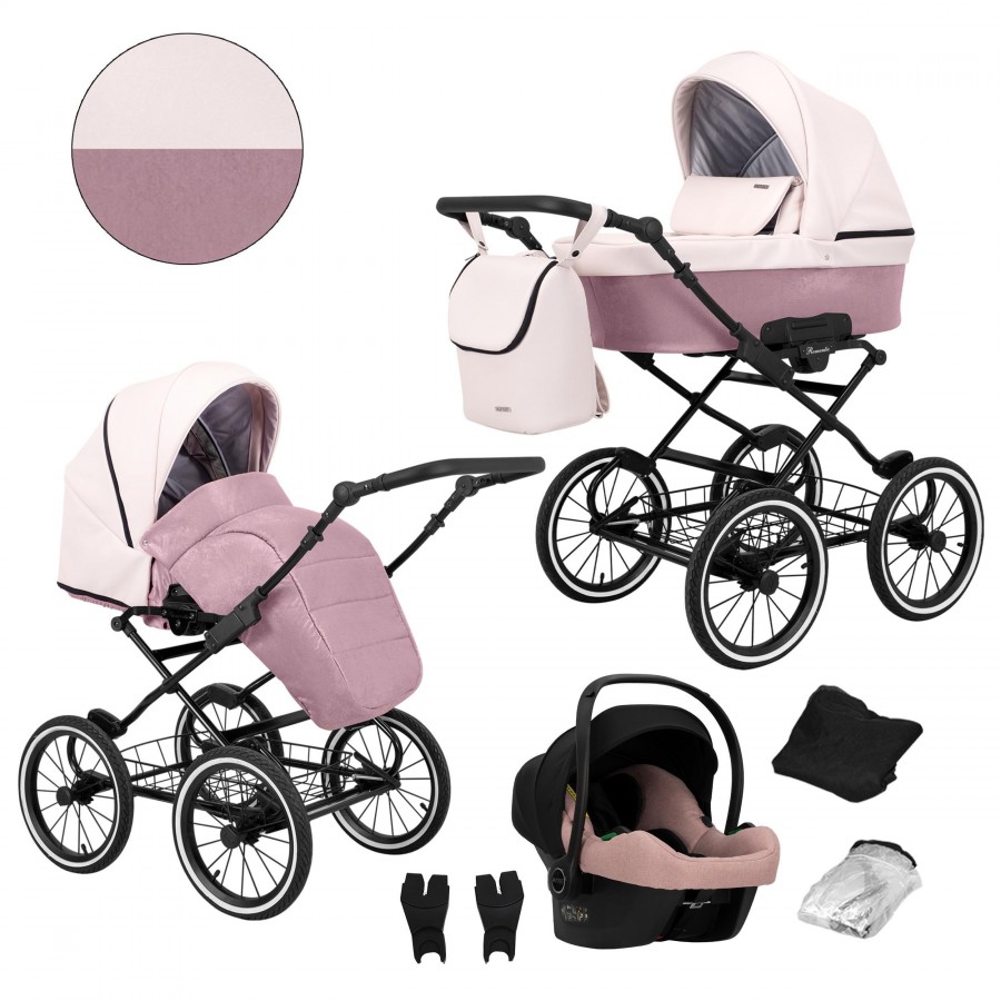 Kinderwagen Kunert Romantic Schwarz | Pink Lederimitat | 3 in 1 mit Babyschale (Autositz)