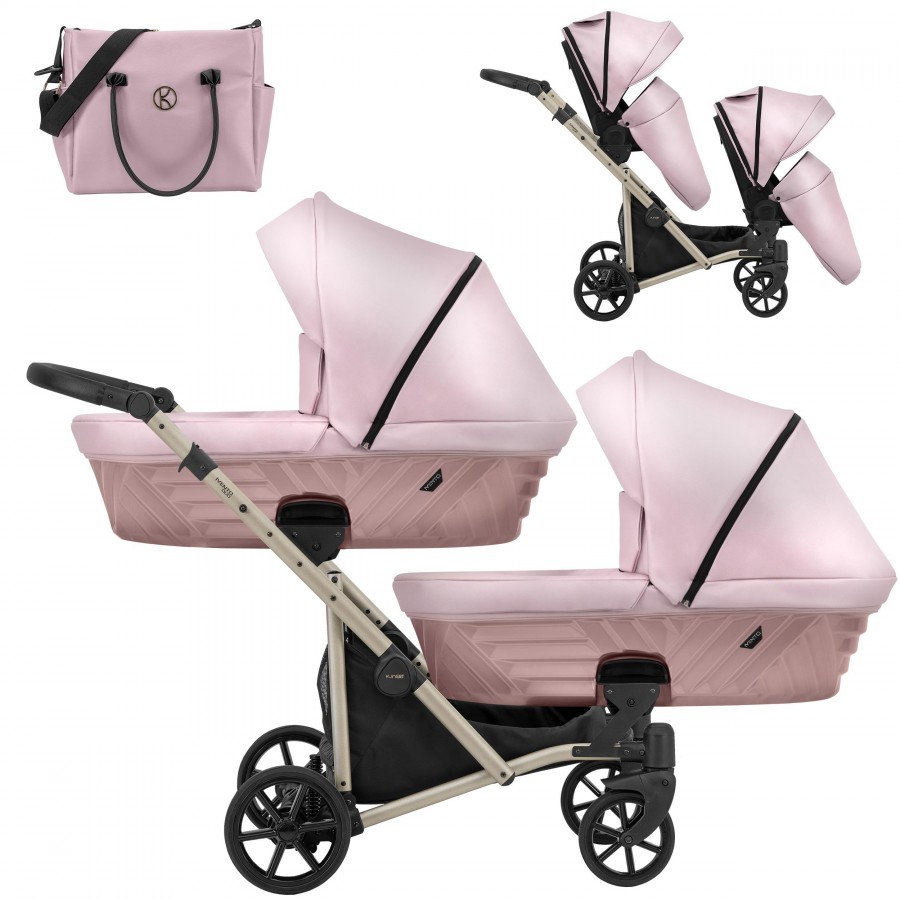 Zwillingskinderwagen Kunert Ivento Duo Champagner | Rosa Metallic Kunstleder | 2in1 (2x Babywanne, Sportsitz)